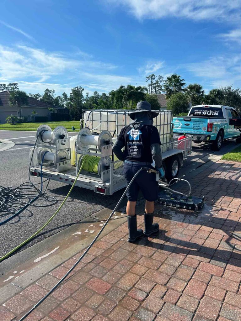 Pressure washing driveway in Naples Florida by Happy Home Detailing