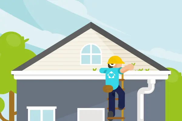Cartoon illustration of a Happy Home Detailing employee cleaning out a gutter.