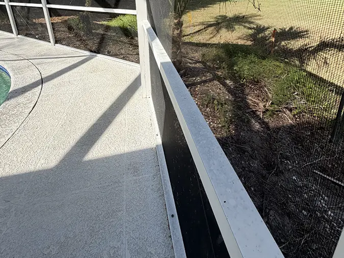 Aluminum frame for a pool cage in Southwest Florida, pristine white after soft washing.